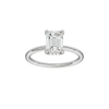 Emerald-cut diamond engagement ring with a plain band and hidden-halo setting.