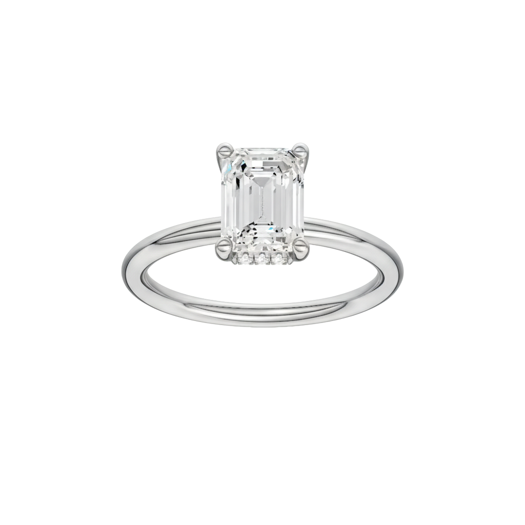 Emerald-cut diamond engagement ring with a plain band and hidden-halo setting.