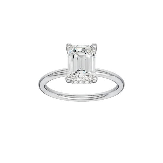 Emerald-cut diamond engagement ring with a plain band and hidden-halo setting.