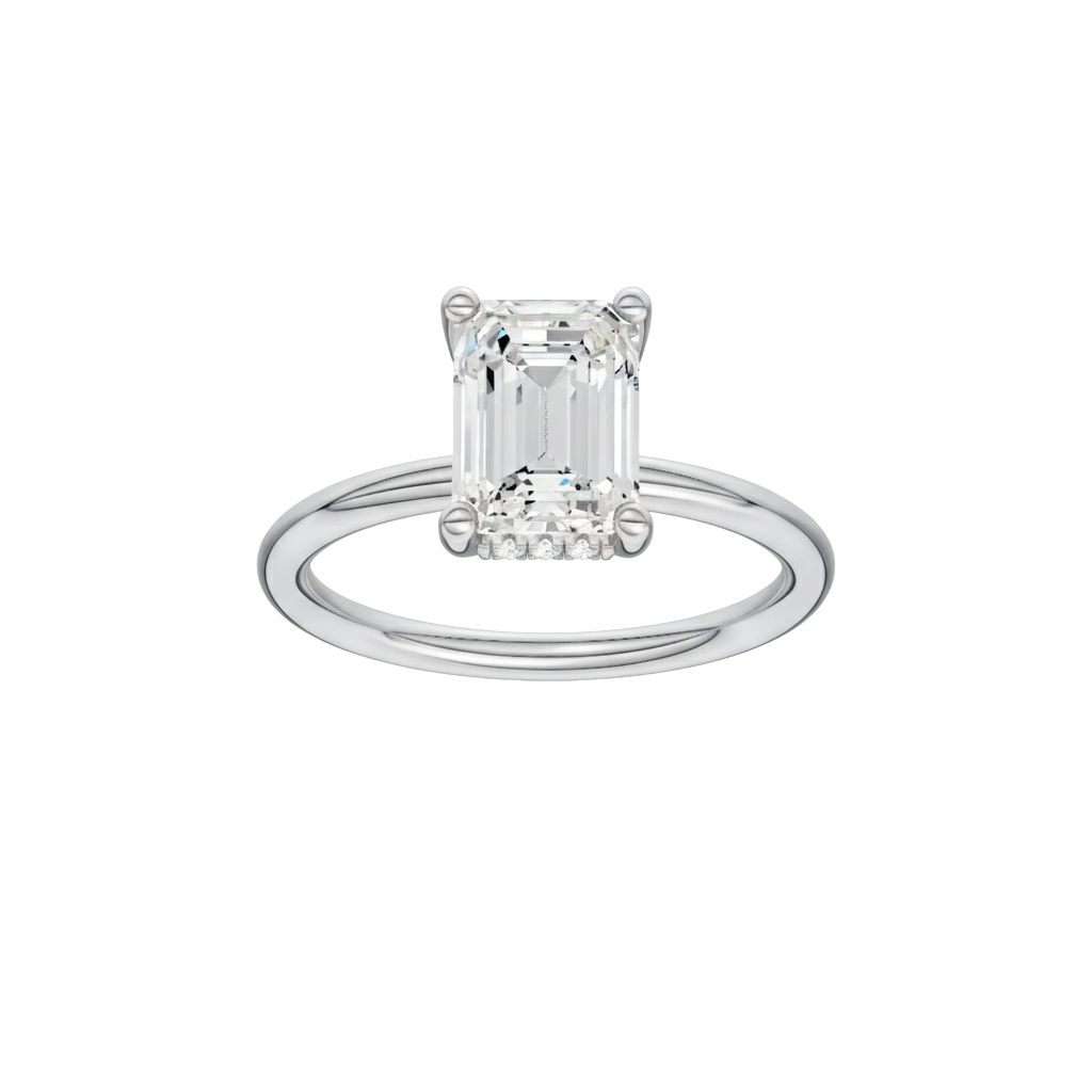 Emerald-cut diamond engagement ring with a plain band and hidden-halo setting.