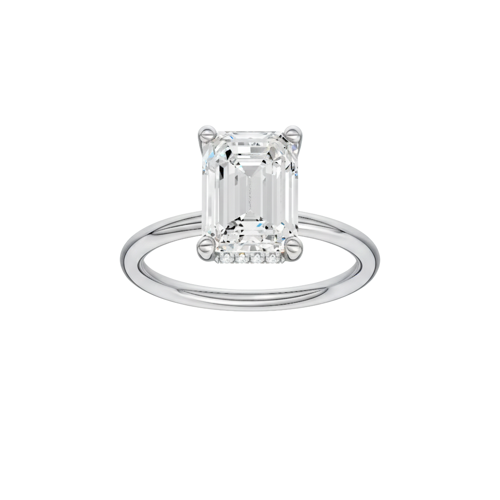 Emerald-cut diamond engagement ring with a plain band and hidden-halo setting.
