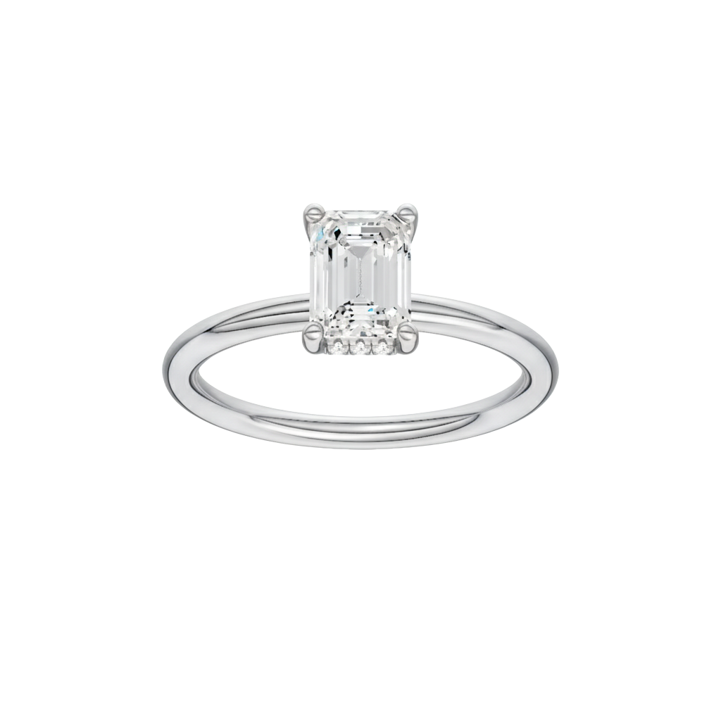 Emerald-cut diamond engagement ring with a plain band and hidden-halo setting.