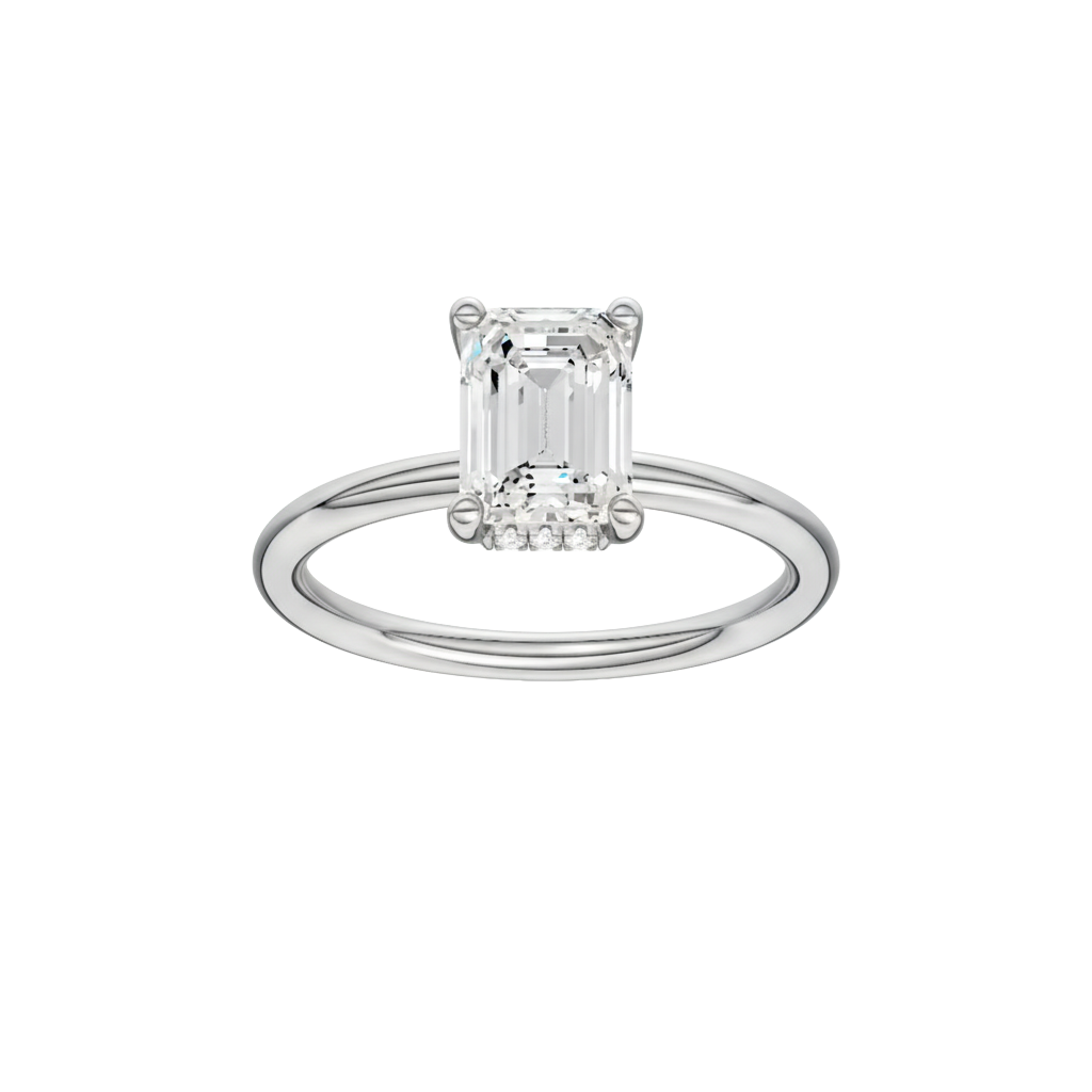 Emerald-cut diamond engagement ring with a plain band and hidden-halo setting.