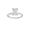 Emerald-cut diamond engagement ring with a plain band and hidden-halo setting.