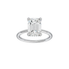 Emerald-cut diamond engagement ring with a plain band and hidden-halo setting.