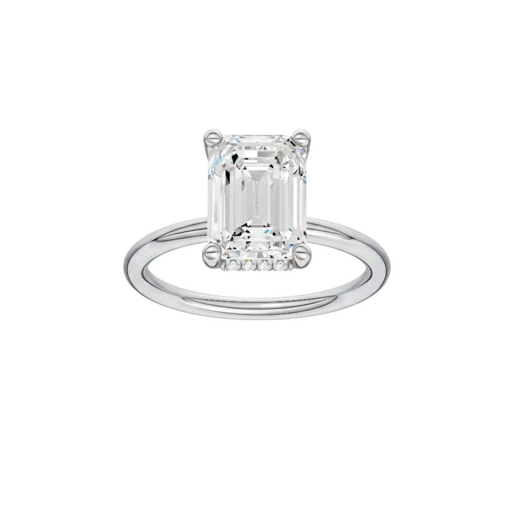 Emerald-cut diamond engagement ring with a plain band and hidden-halo setting.