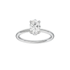 Oval-cut diamond engagement ring with a plain band and hidden-halo setting.