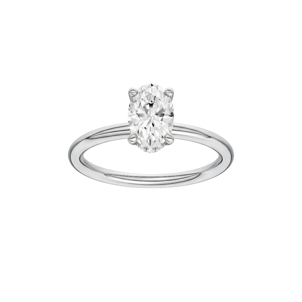 Oval-cut diamond engagement ring with a plain band and hidden-halo setting.
