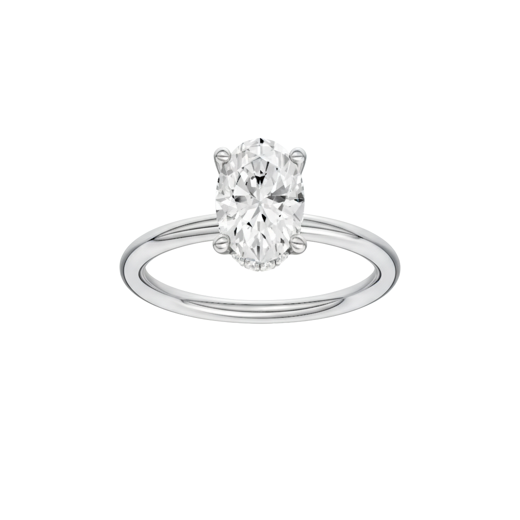 Oval-cut diamond engagement ring with a plain band and hidden-halo setting.