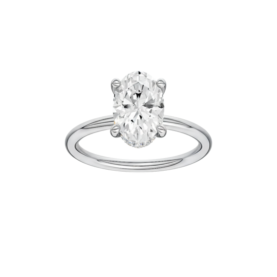 Oval-cut diamond engagement ring with a plain band and hidden-halo setting.