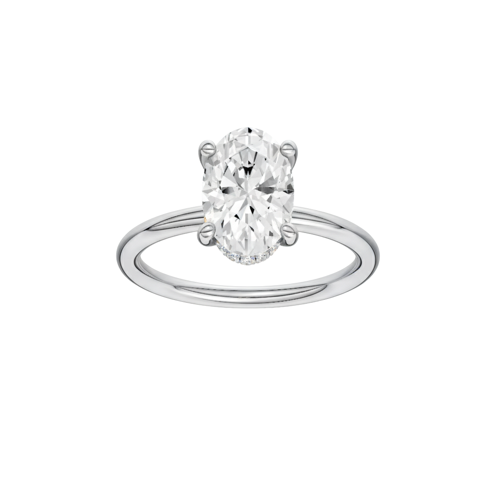 Oval-cut diamond engagement ring with a plain band and hidden-halo setting.