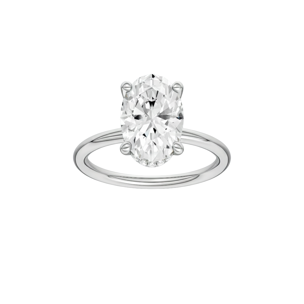 Oval-cut diamond engagement ring with a plain band and hidden-halo setting.