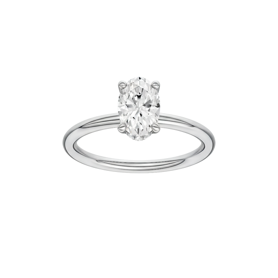 Oval-cut diamond engagement ring with a plain band and hidden-halo setting.
