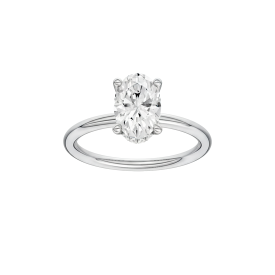 Oval-cut diamond engagement ring with a plain band and hidden-halo setting.