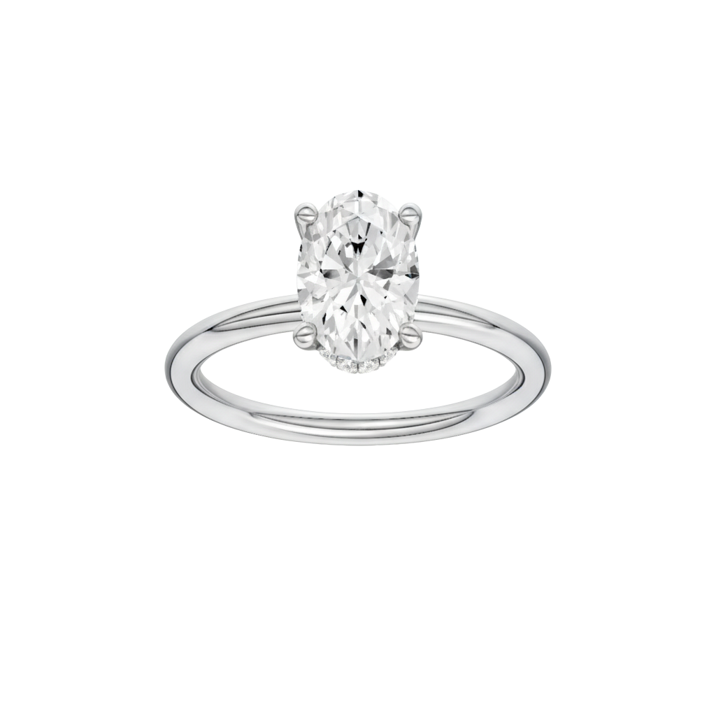 Oval-cut diamond engagement ring with a plain band and hidden-halo setting.