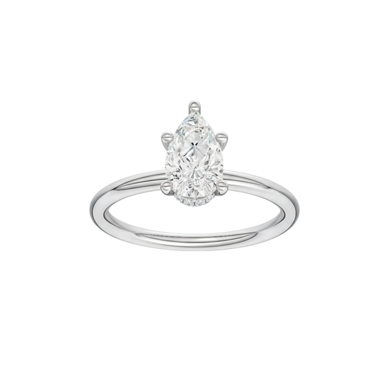 Pear-cut diamond engagement ring with a plain band and hidden-halo setting.