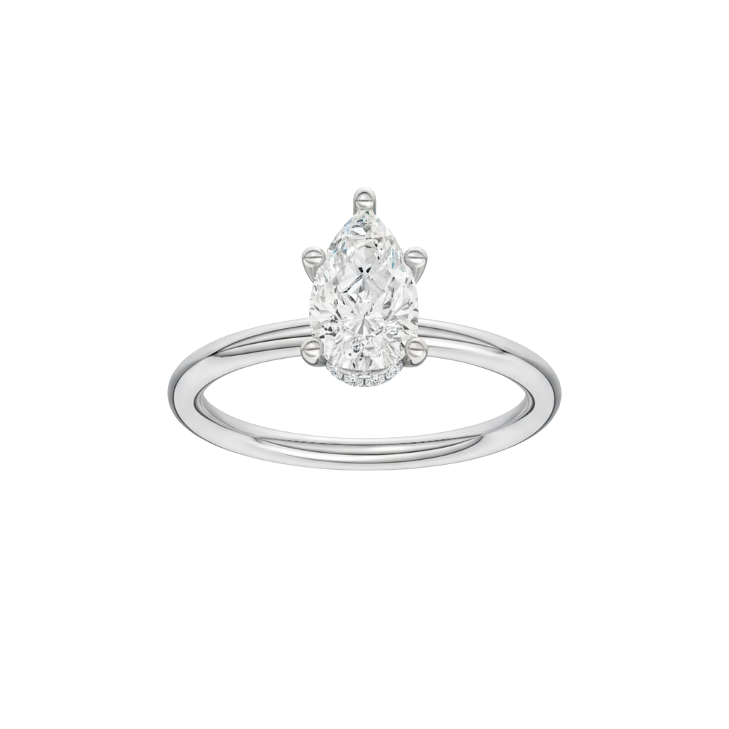 Pear-cut diamond engagement ring with a plain band and hidden-halo setting.