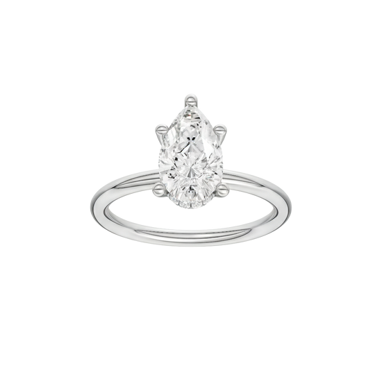 Pear-cut diamond engagement ring with a plain band and hidden-halo setting.