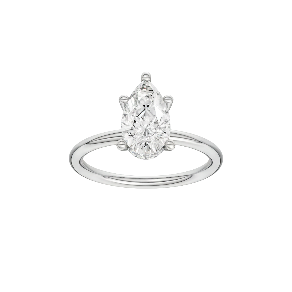 Pear-cut diamond engagement ring with a plain band and hidden-halo setting.