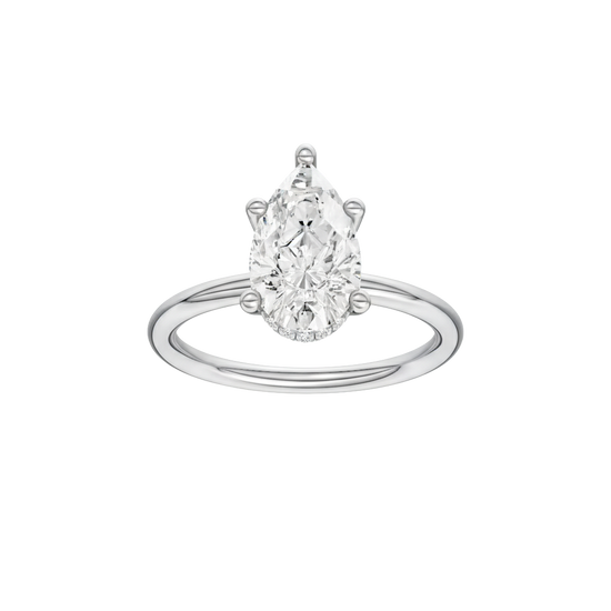 Pear-cut diamond engagement ring with a plain band and hidden-halo setting.