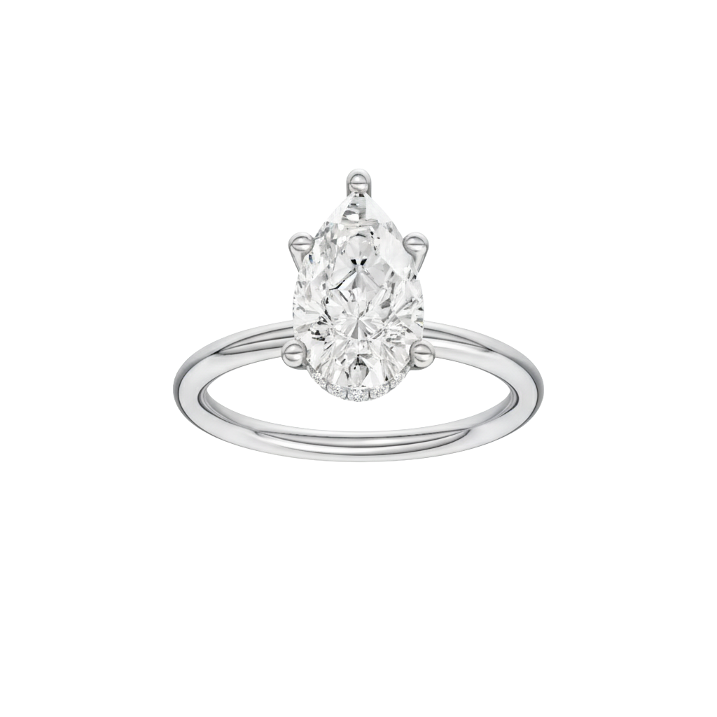Pear-cut diamond engagement ring with a plain band and hidden-halo setting.