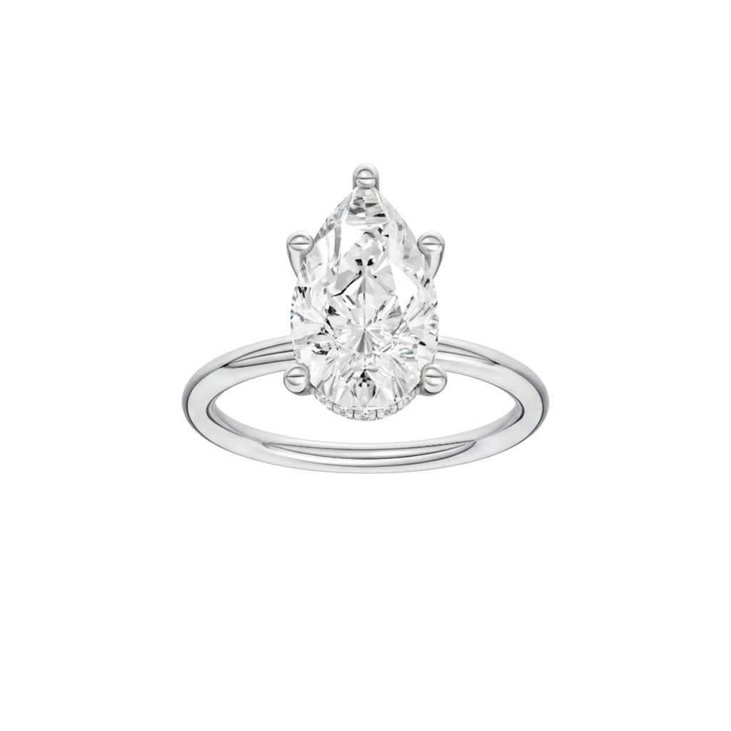 Pear-cut diamond engagement ring with a plain band and hidden-halo setting.