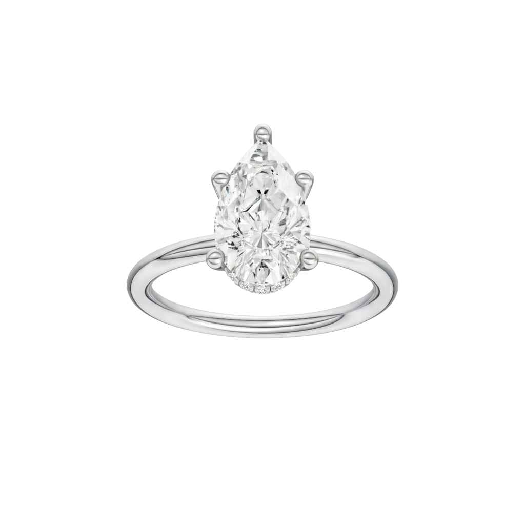 Pear-cut diamond engagement ring with a plain band and hidden-halo setting.