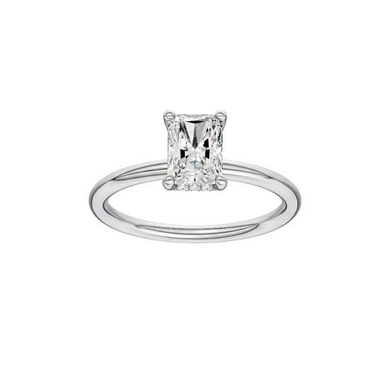 Radiant-cut diamond engagement ring with a plain band and hidden-halo setting.