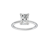 Radiant-cut diamond engagement ring with a plain band and hidden-halo setting.