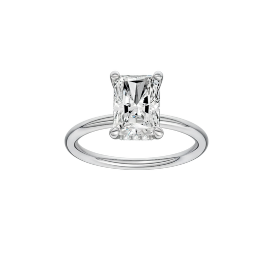 Radiant-cut diamond engagement ring with a plain band and hidden-halo setting.