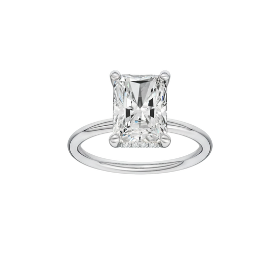 Radiant-cut diamond engagement ring with a plain band and hidden-halo setting.