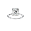 Radiant-cut diamond engagement ring with a plain band and hidden-halo setting.