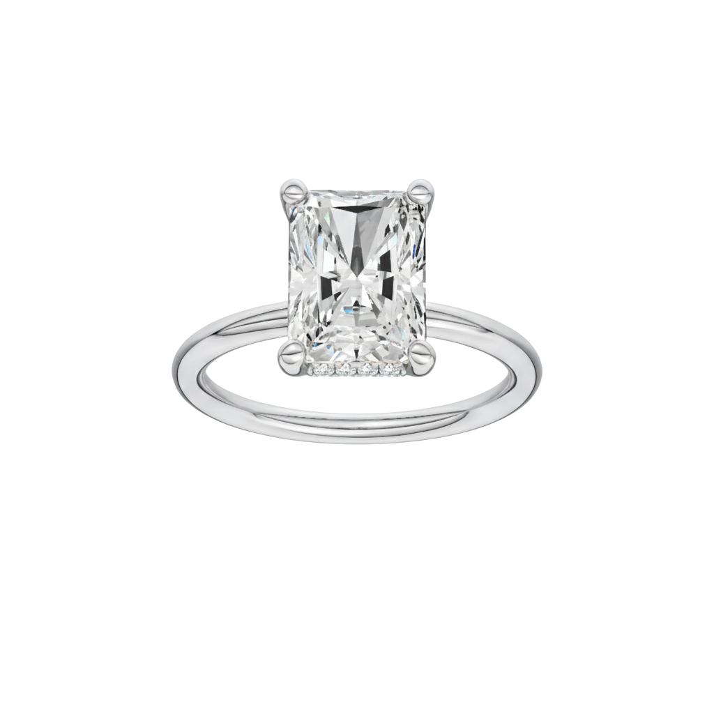 Radiant-cut diamond engagement ring with a plain band and hidden-halo setting.