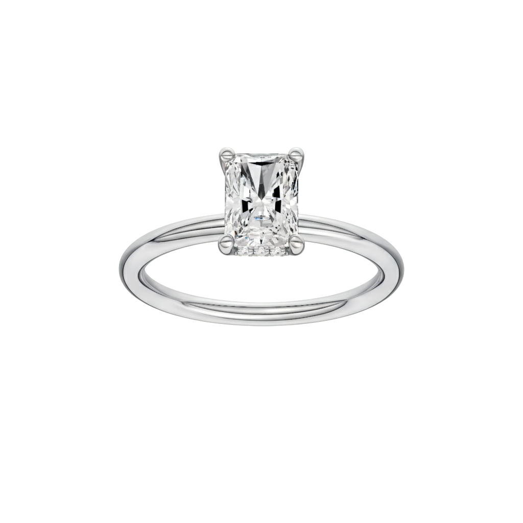Radiant-cut diamond engagement ring with a plain band and hidden-halo setting.