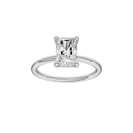 Radiant-cut diamond engagement ring with a plain band and hidden-halo setting.