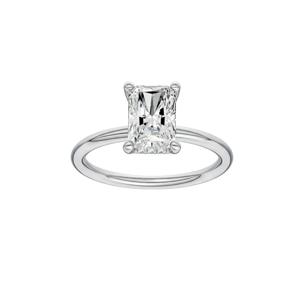 Radiant-cut diamond engagement ring with a plain band and hidden-halo setting.