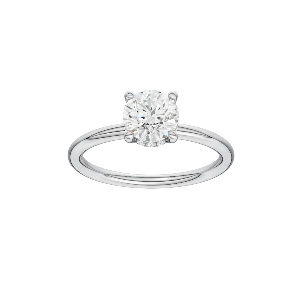 Round-cut diamond engagement ring with a plain band and hidden-halo setting.