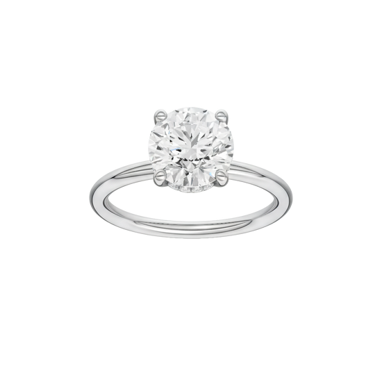 Round-cut diamond engagement ring with a plain band and hidden-halo setting.