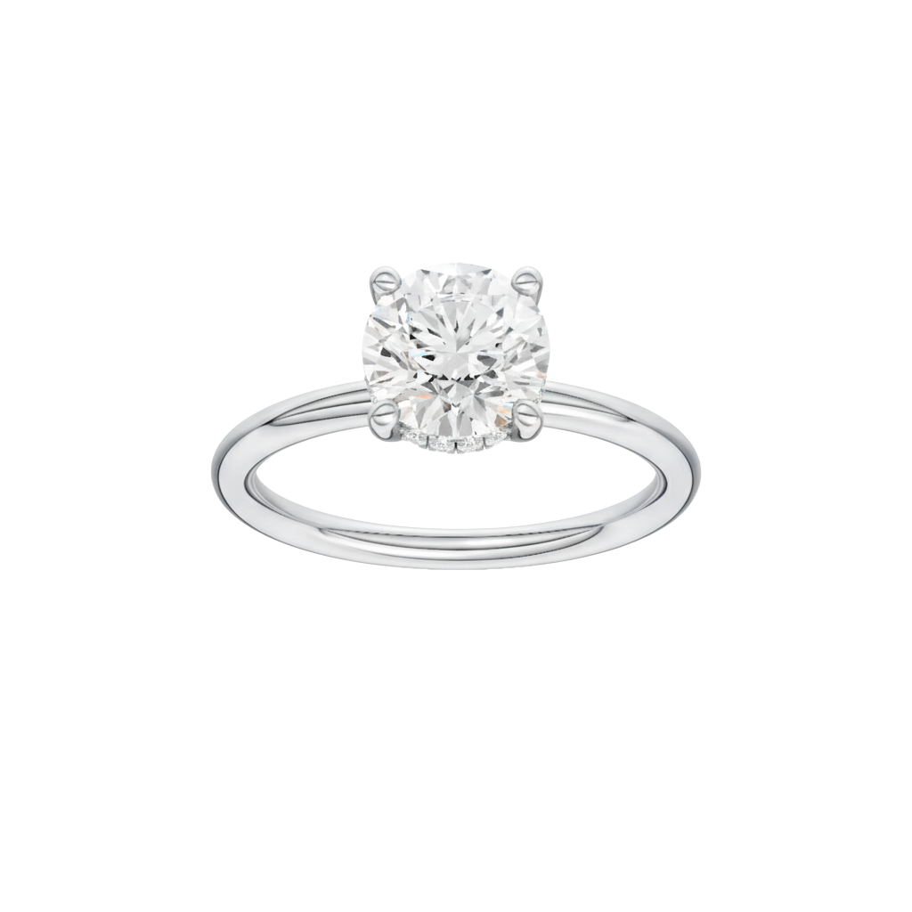 Round-cut diamond engagement ring with a plain band and hidden-halo setting.