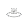 Round-cut diamond engagement ring with a plain band and hidden-halo setting.