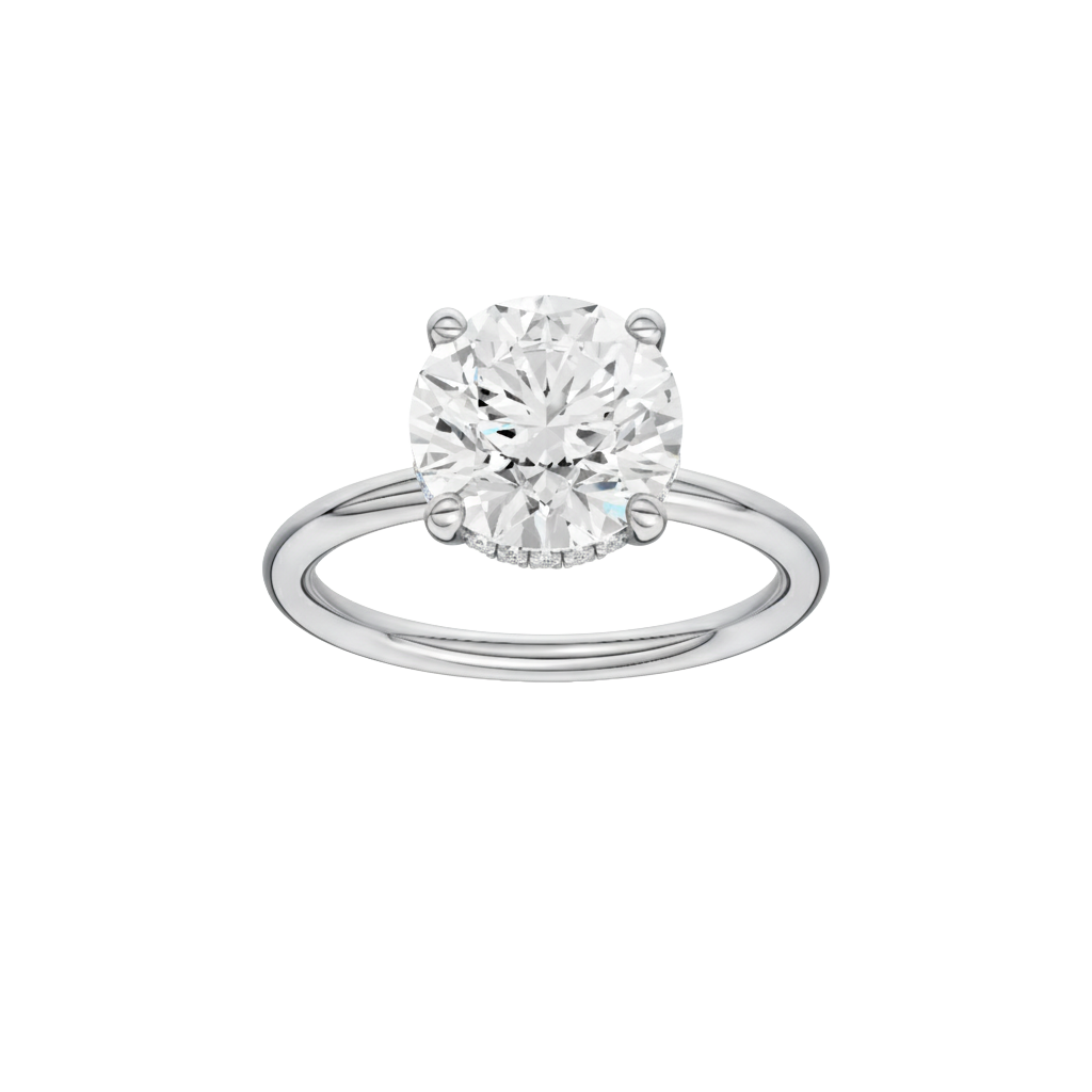 Round-cut diamond engagement ring with a plain band and hidden-halo setting.