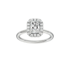 Radiant-cut diamond engagement ring with a plain band and halo setting.