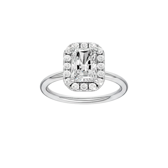 Radiant-cut diamond engagement ring with a plain band and halo setting.