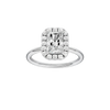 Radiant-cut diamond engagement ring with a plain band and halo setting.