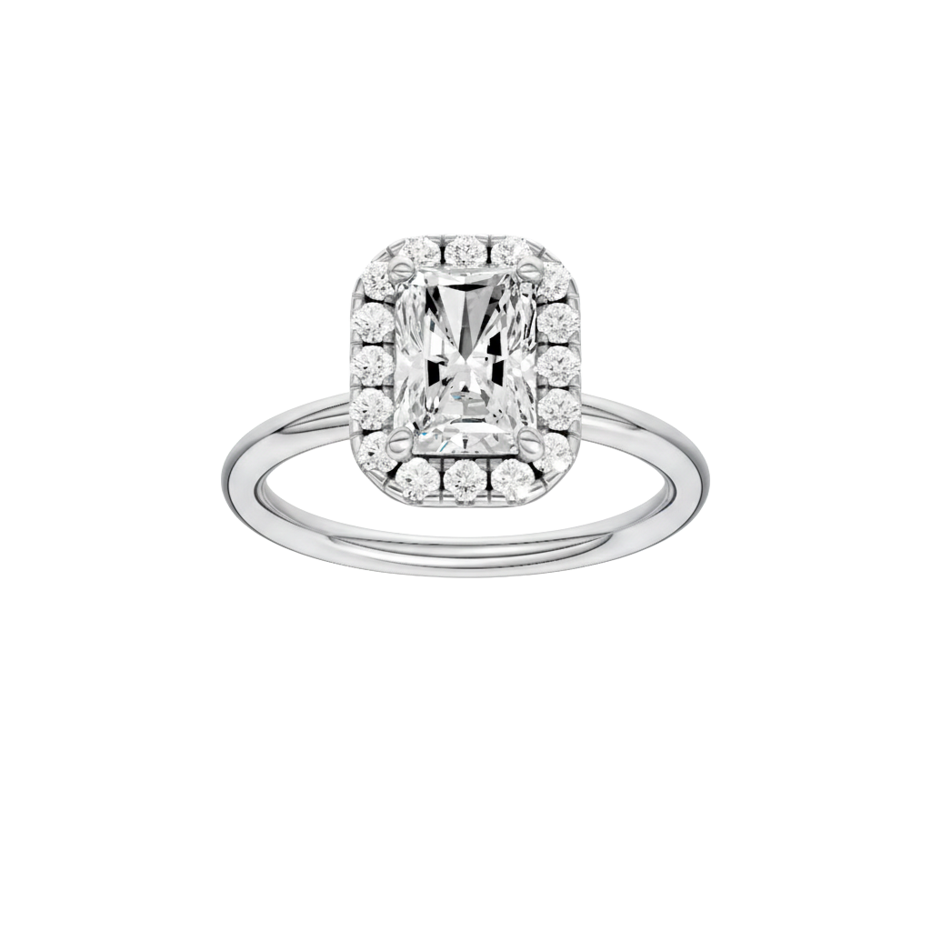 Radiant-cut diamond engagement ring with a plain band and halo setting.