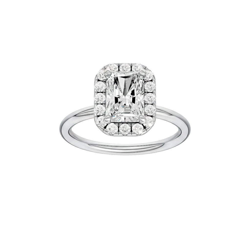Radiant-cut diamond engagement ring with a plain band and halo setting.