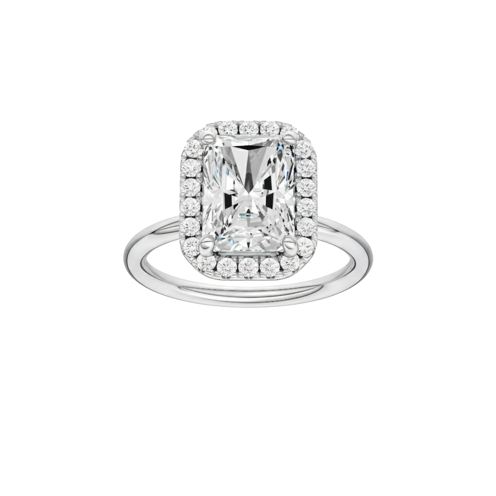 Radiant-cut diamond engagement ring with a plain band and halo setting.
