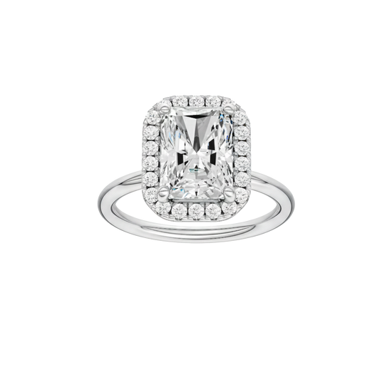 Radiant-cut diamond engagement ring with a plain band and halo setting.