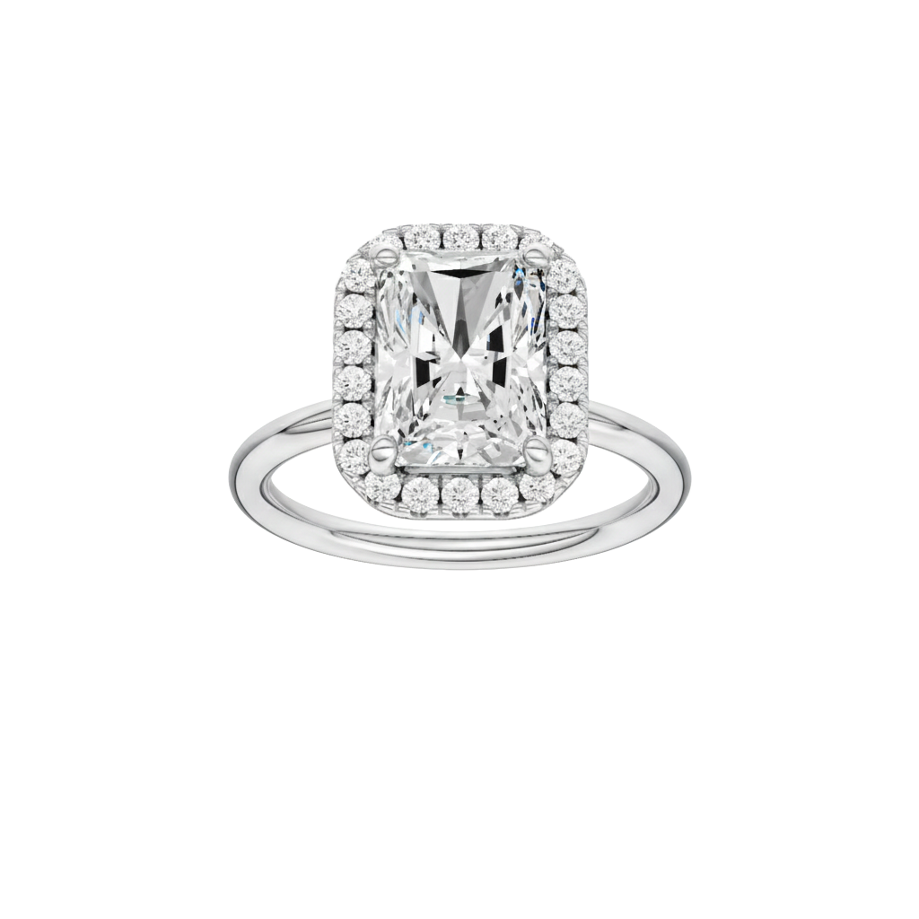 Radiant-cut diamond engagement ring with a plain band and halo setting.