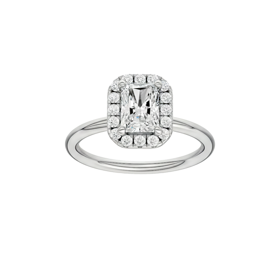 Radiant-cut diamond engagement ring with a plain band and halo setting.